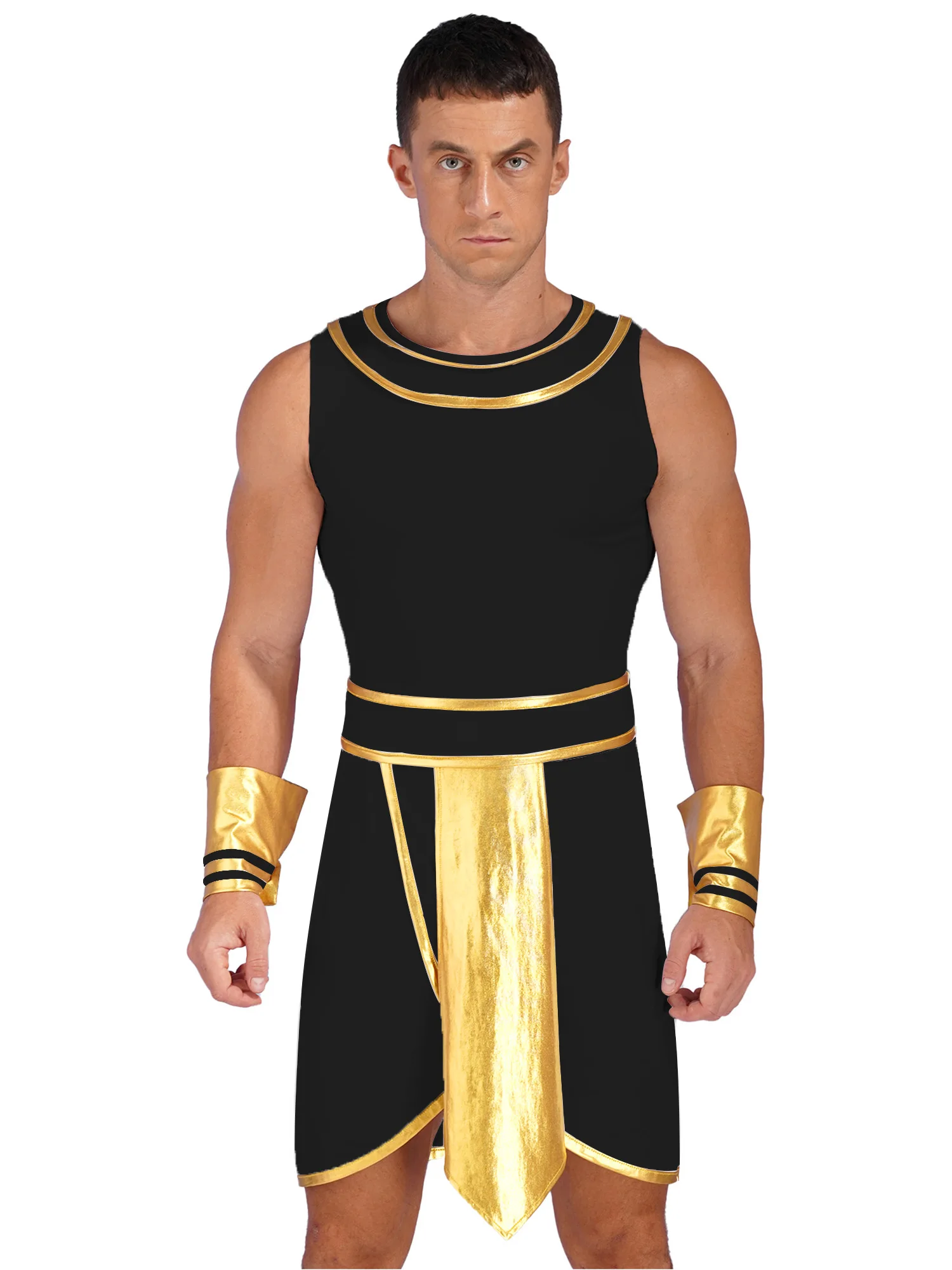 Men Ancient Greek Egypt Pharaoh King Cosplay Halloween Theme Masquerade Party Costume Contrast Color Sleeveless Dress with Cuffs