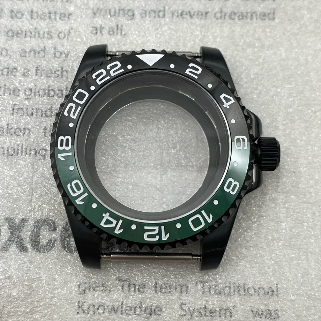 Sub gmt 42mm pvd anel preto caixa de relógio com moldura inclinada para nh35 nh36 nh38 nh70 nh72 movimento 28.5mm dial mods 007 caso