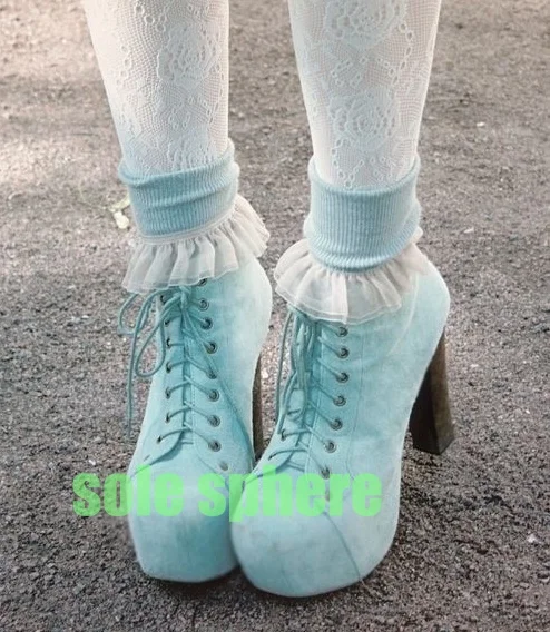 

Lady Blue Suede Lace-Up Chunky Heel Boots Retro Vintage Platform Footwear Size 34-46 Fall New Arrive Running Pumps Party Boots