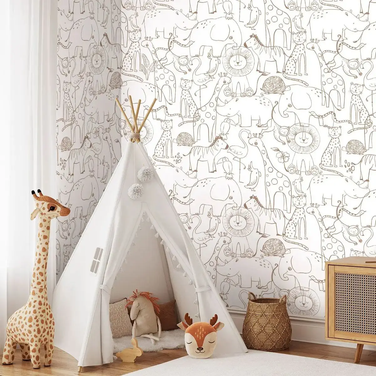 Cute Hand Drawing Safari Animals Wallpaper Peel and Stick,Monochrome Kids Wall Mural, Nursery Wall Paper,Self-adhesive/Tradition