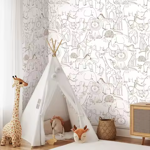 Cute Hand Drawing Safari Animals Wallpaper Peel and Stick,Monochrome Kids Wall Mural, Nursery Wall Paper,Self-adhesive/Tradition