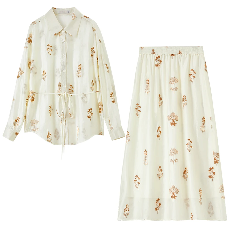 SENTUBILA Shirt Skirt Sets Women Outfit Loose Embroidery Lace Up Shirt Elastic Waist Skirt Lyocell New Match Sets 2026 151Z58161