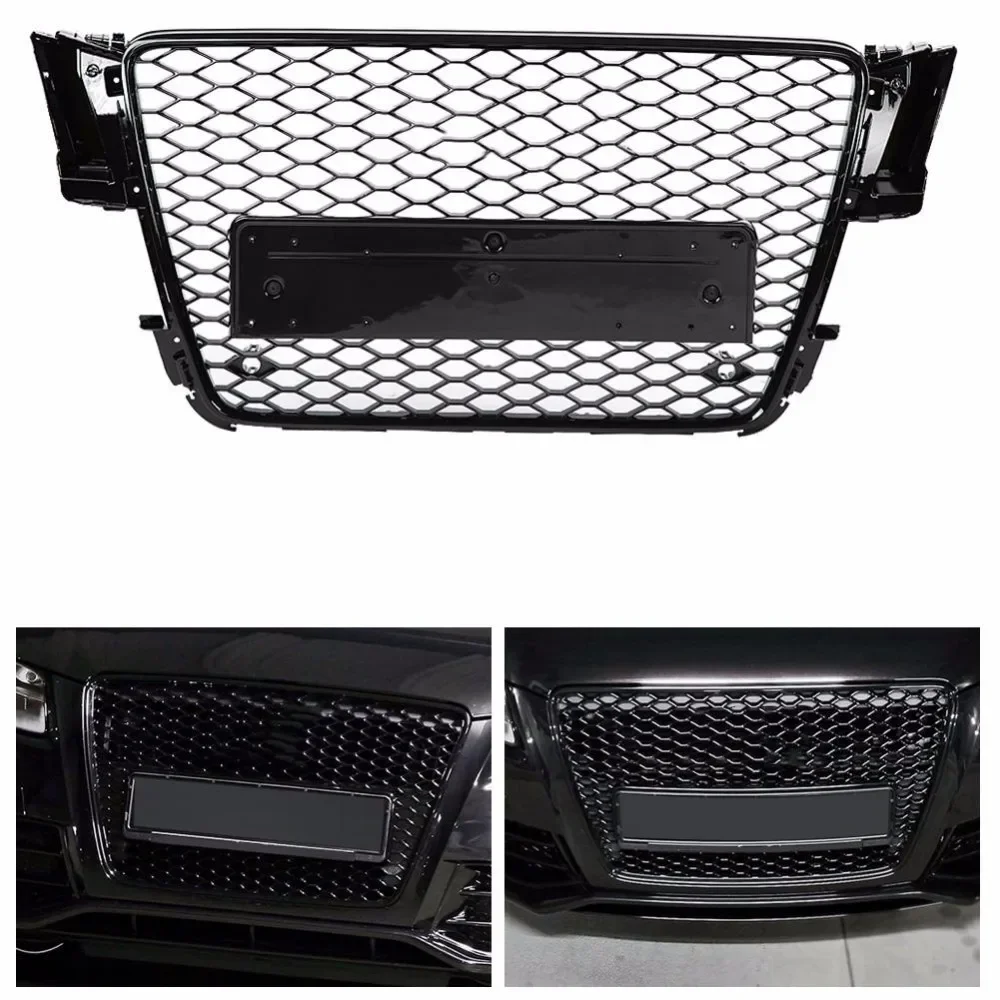 For RS5 Style Front Sport Hex Mesh Honeycomb Hood Grill Gloss Black For  A5/S5 B8 2008 2009 2010 2011