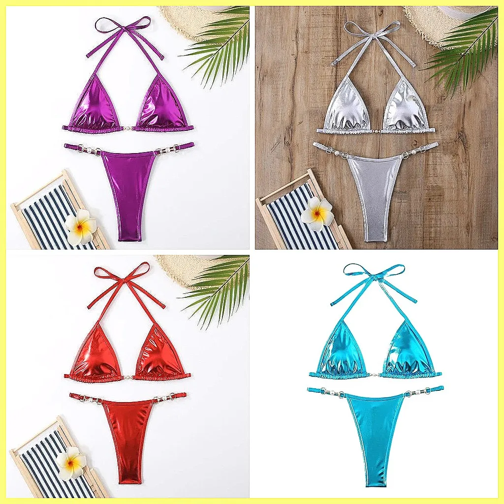 

Sexy Solid Triangle Bikini Set for Women, Brazilian Beach Swimsuit with Thong & Halter Top