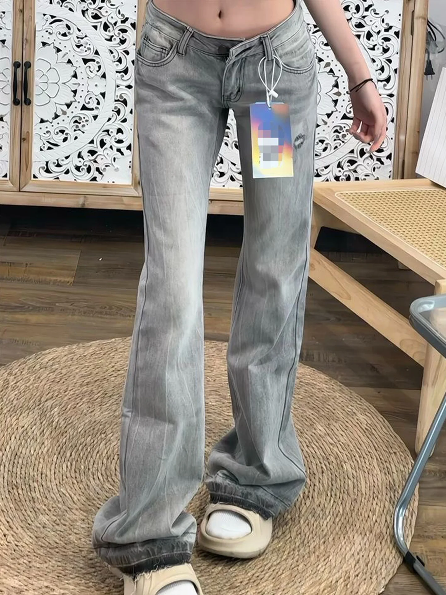 

Tall Women's High Waist Bell Bottom Jeans Summer Slimming Faded Embroidery Design Street Style Low Waist Trendy Denim Pants