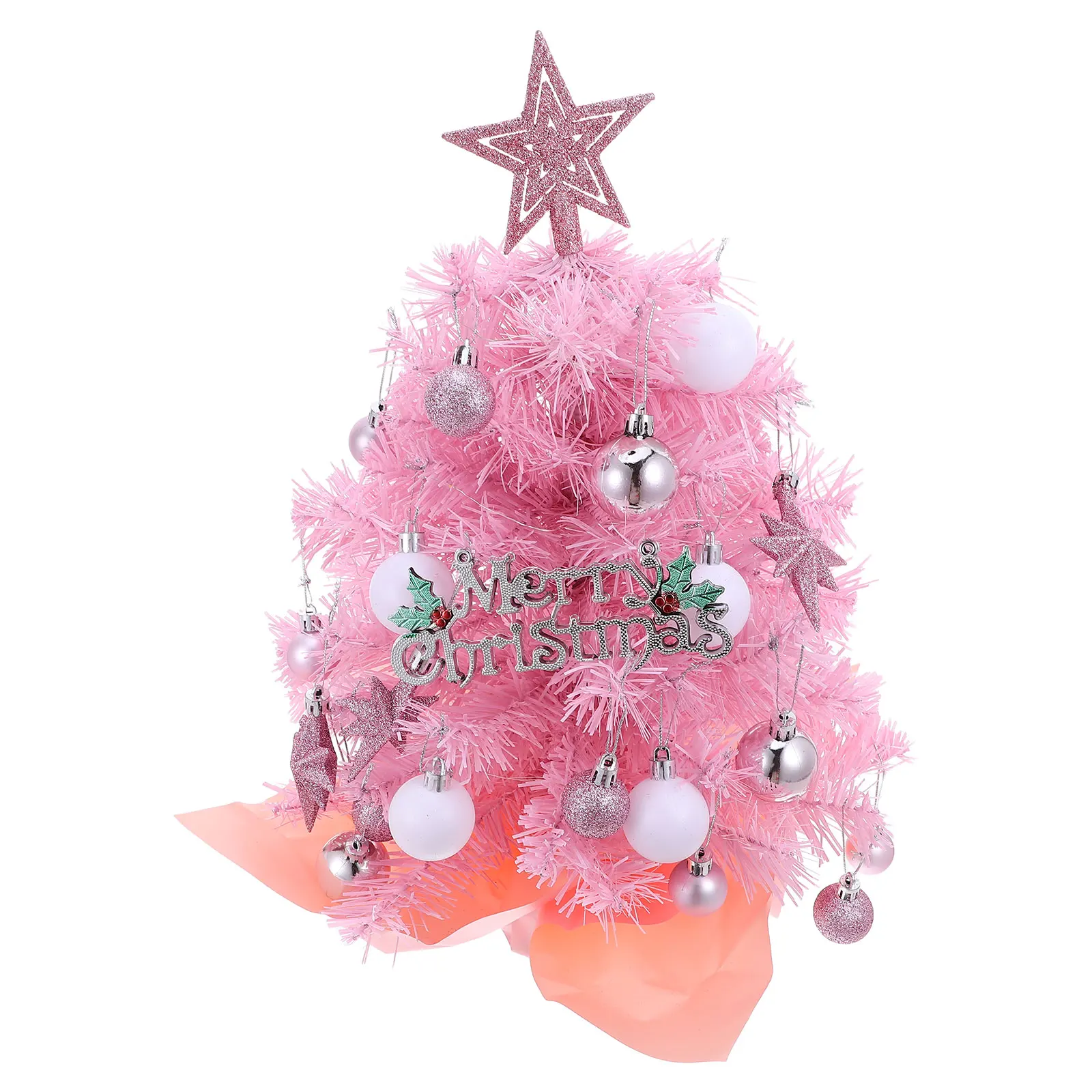 

2Ft Mini Christmas Tree Pink Small Tabletop Artificial with Lights Star Topper Ball Ornaments Holiday Decor Desktop Countertop