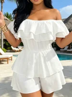 Women's White Off Shoulder Ruffle Romper - Sweet Layered Ruffle Sleeve High Waist Tiered Mini Jumpsuit for Beach Vacation&casual - Image 5
