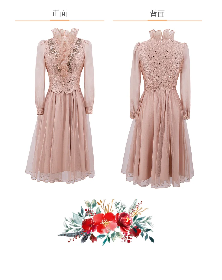 Różowa sukienka damska 2025 w nowym stylu, szlachetna, elegancka i modna, optycznie odmładzająca, o długości do talii, z długim rękawem.