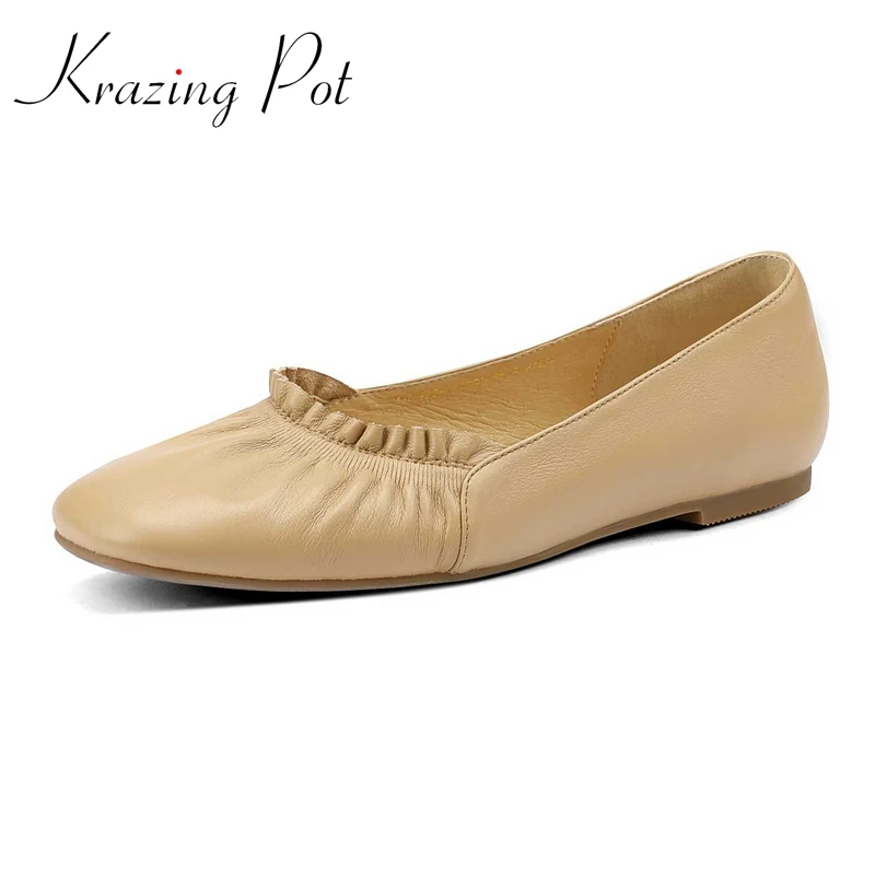 Krazing Pot New Full Grain Leather Square Toe Pleated Soft Comfortable Three Colors Pretty Girls Dating Slip On Women Flats