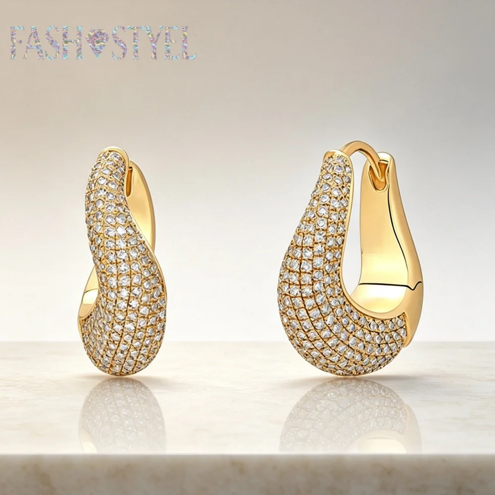New Gold Plating CZ Zircon Round Huggie Hoop Earrings Delicate Dazzling Women Geometric Fashion Jewelry