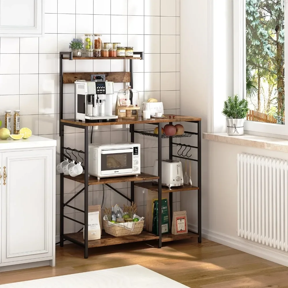 Bakers Rack with Power Outlet, Microwave Stand, Coffee Bar with Wire Basket, Kitchen Storage Rack with 6 S-Hooks,