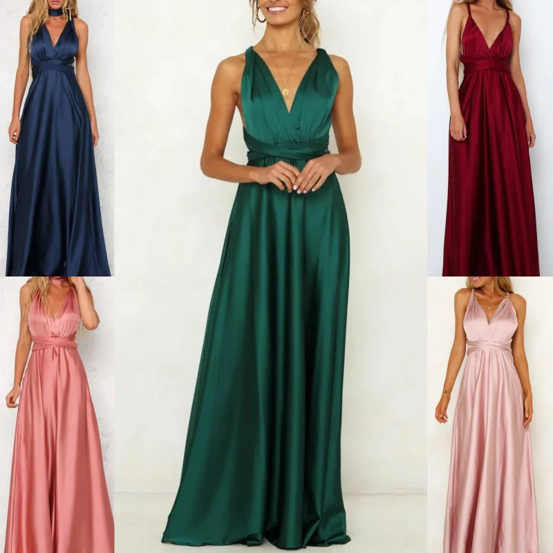 Sleeveless Backless Sexy  Evening Dress Fashion High Waist Satin V-neck Woman Dress Elegant Party Wedding Formal Dresses 26531