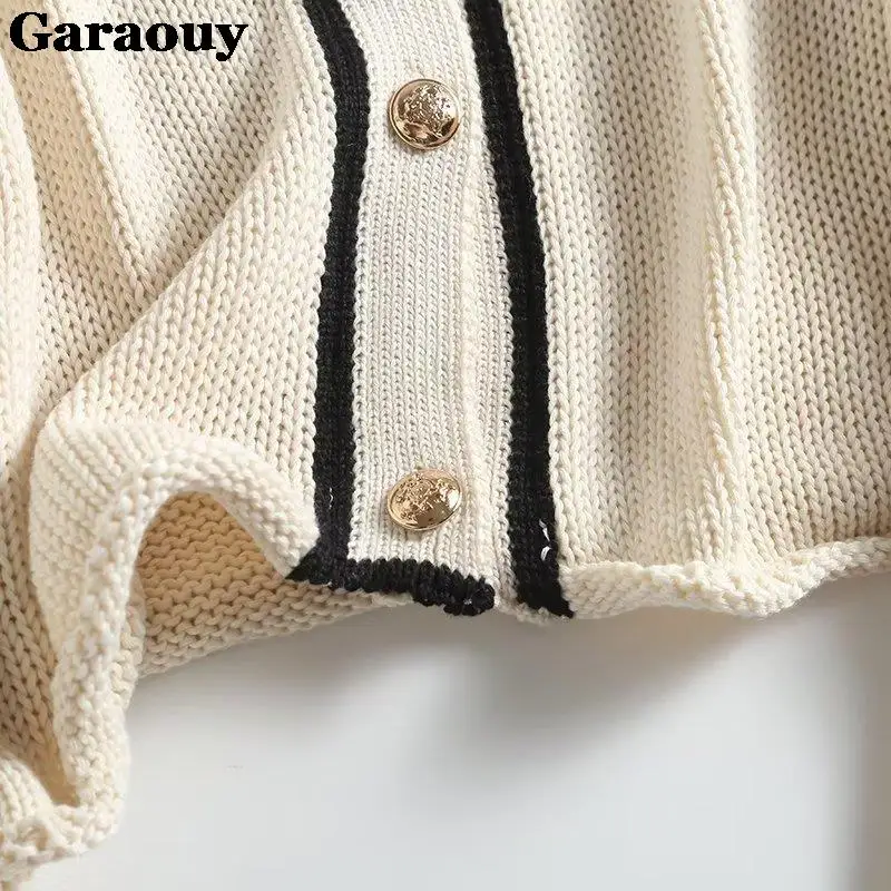 Garaouy2023Autumn Women Patchwork Edge Curl Knit Sweater Jacket Long Sleeve Female Elegant Crop Tops Commut Cardigan Coats Mujer