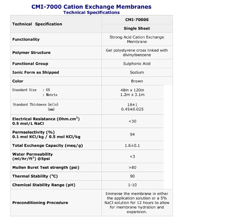 CMI cation exchange membrane CMI7000 (original in USA) specification optional