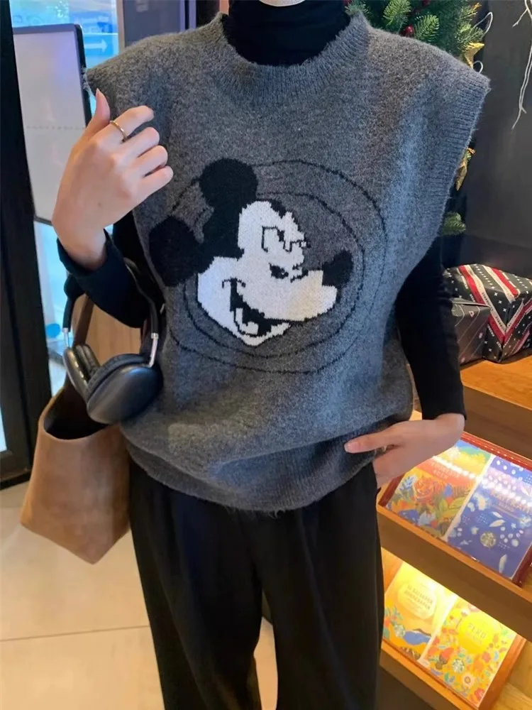 

MINISO мультфильм уменьшающий возраст Микки жаккардовый вязаный жилет пуловер свитер жилет