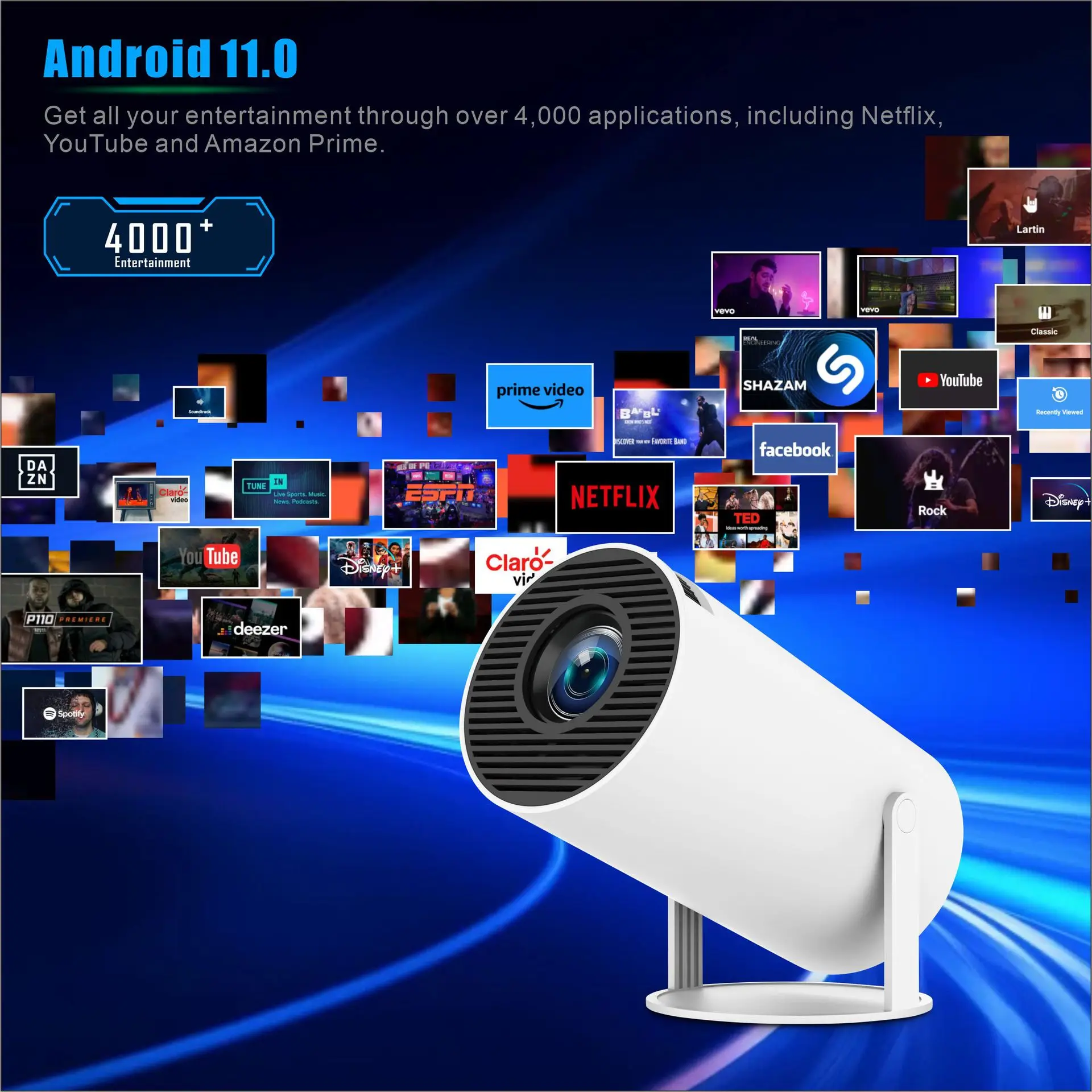 جهاز عرض 4K Android 11 Dual Wifi6 290ANSI Allwinner H713 BT5.0 1080P 1280*720P جهاز عرض خارجي للسينما المنزلية