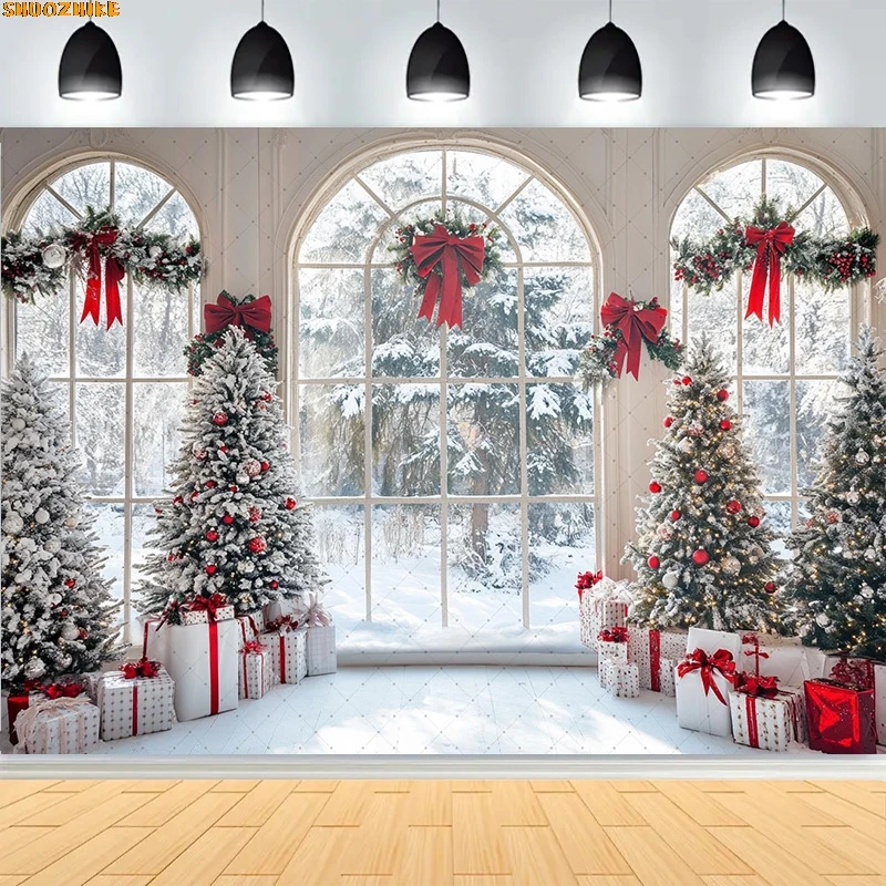 

Christmas Day Wreath Family New Year Party Photography Backdrops Prop Window Living Room Xmas Tree Gift Snow Background WD-03