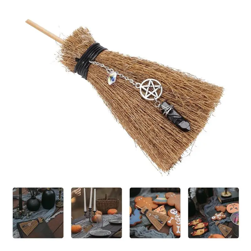 Mini Broom Witch DIY Broomstick Crystal Pendant Creative Halloween Broom Decor Craft Pendant Branch Ornament Party Adornment