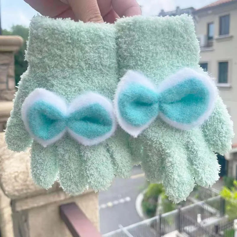 女の子用ぬいぐるみニット手袋冬保温防寒フルフィンガー学生手袋子供屋外かわいいリボン手袋2-6歳