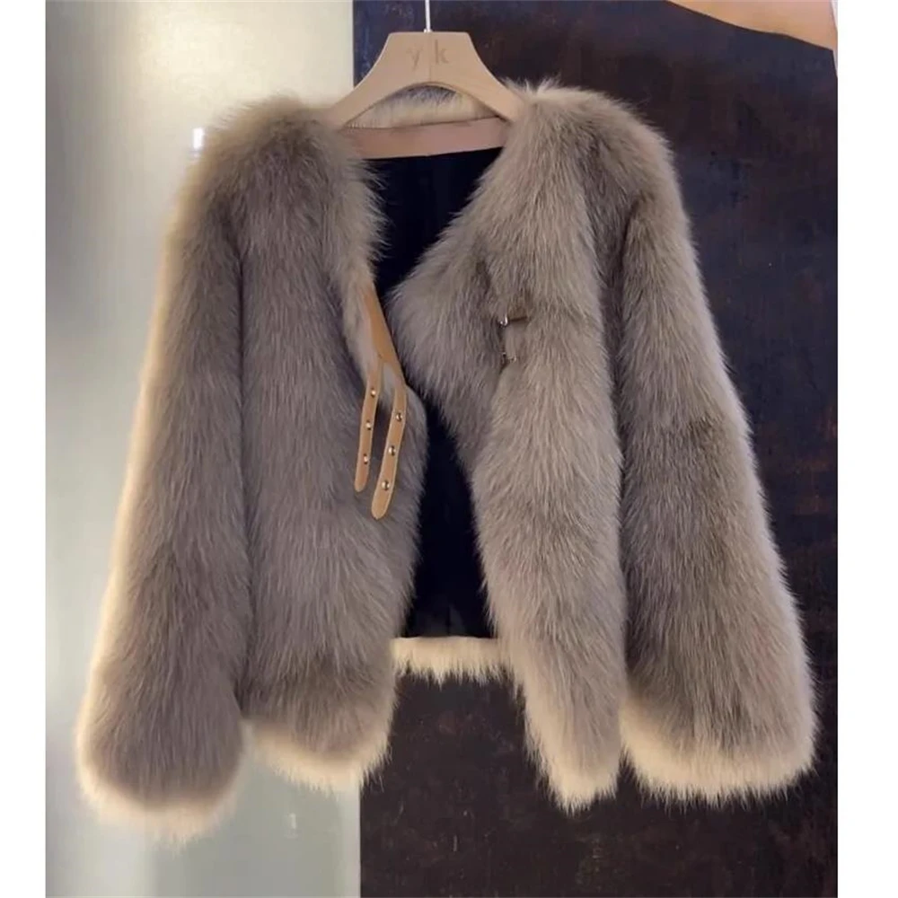 Short Tops Fur Outwear Winter Elegant Thick Artificial Fur Jacket Warm Shaggy Overcoat Faux Fur Coat Women Luxury Collarless