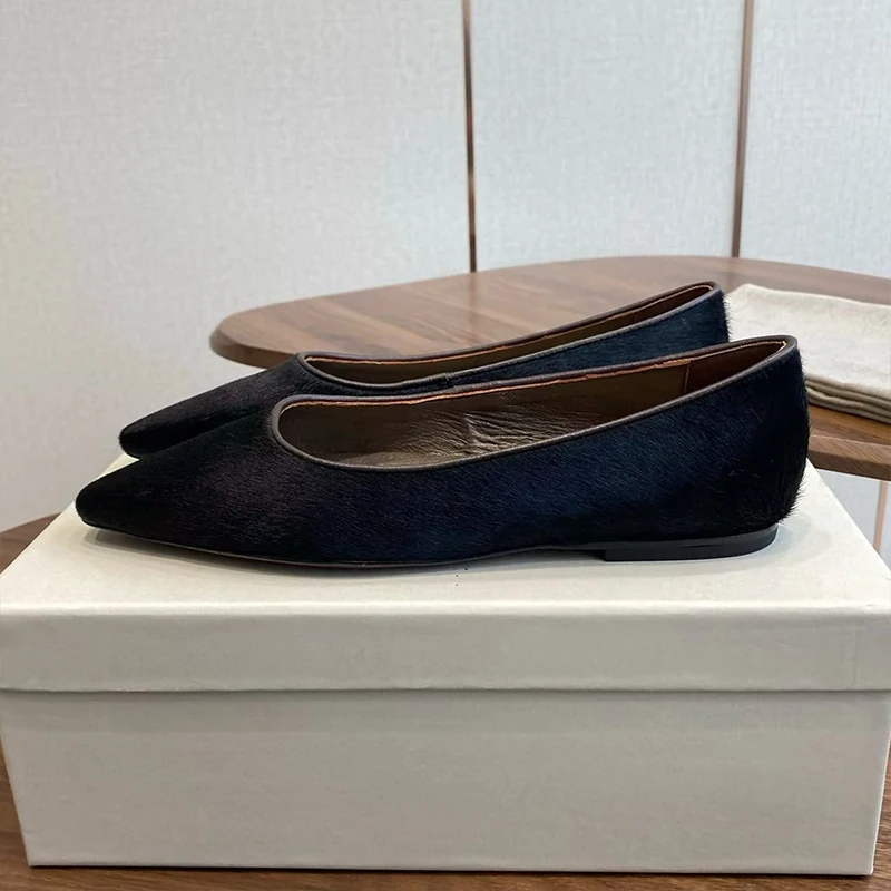 Pointed Toe Shllow Mouth Horsehair Lazy Loafers Women Flat Walking Shoes Spring Autumn Versatile Single Shoes Zapatos De Mujer