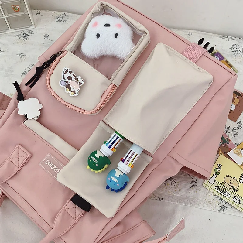 Borsa da scuola in Nylon per Laptop zaino da viaggio per ragazza adolescente con ciondolo orso Kawaii zaino da campeggio impermeabile