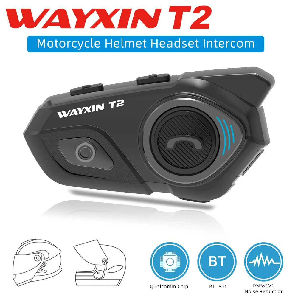 WAYXIN Motorcycle Helmet Intercoms 2-Way 30M BT Headset Noise Reduction Headphone IP67 Waterproof Calls Auto-Answer Stereo Music