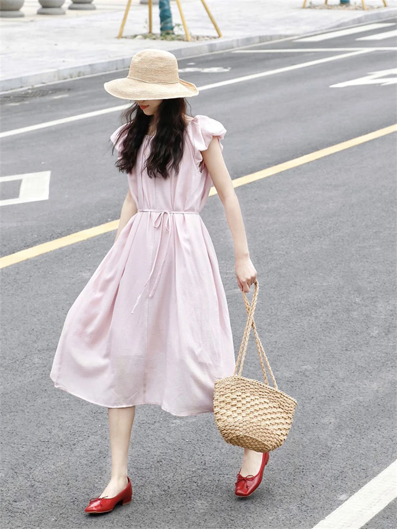 2024 Summer Flying Sleeve O-Neck Maternity Pleated Dress Fashion Long Loose Pregnant Woman Holiday Clothes Pregnancy Beach Dress