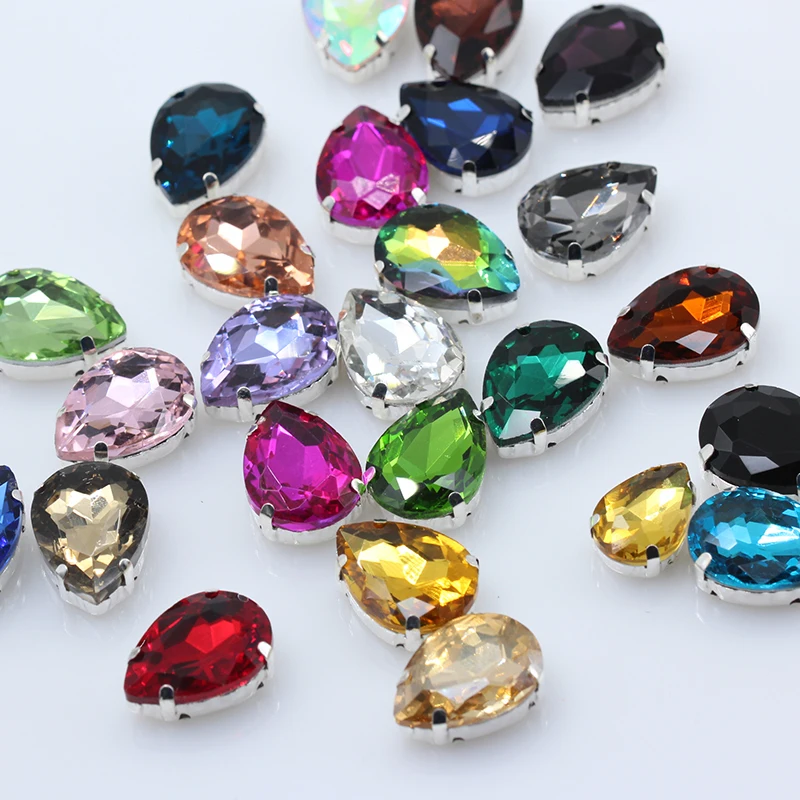 

4-40MM 24-Colors Sew on Water Drops Rhinestone Crystal Silver Claw Button Teardrop For Jewelry/ Wedding Dress Bag Shoe Diy Trims