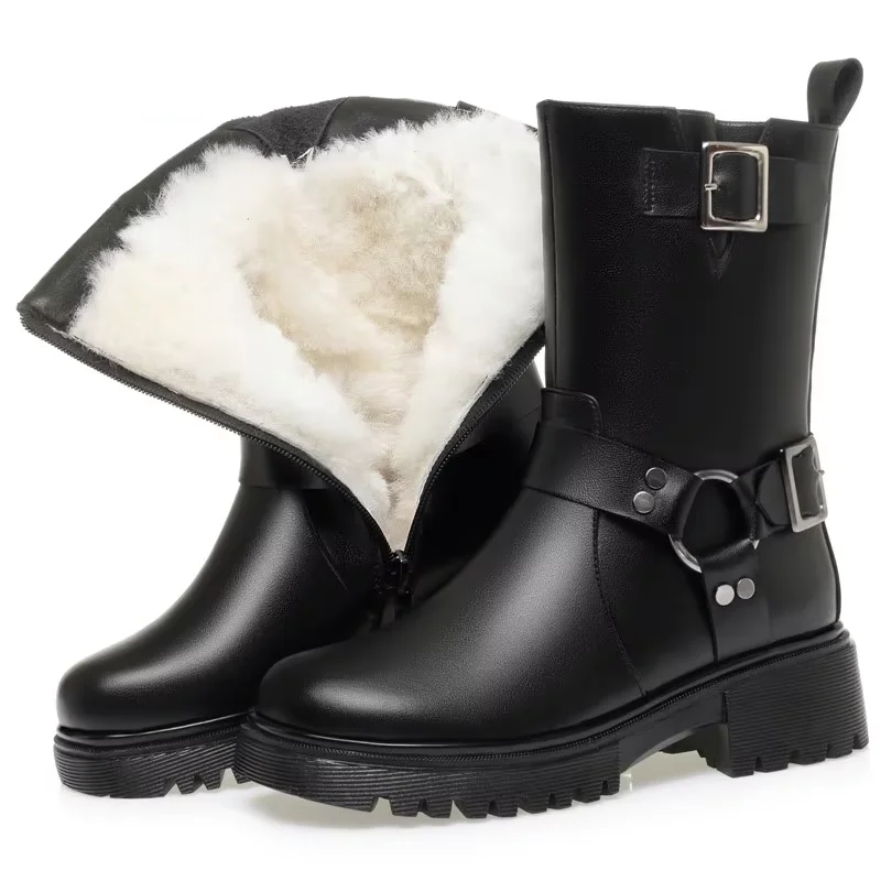 

DIMANYU Biker Boots Women's Retro 2024 New Genuine Leather Female Mid-calf Boots Wool Warm Belt Buckle Women's Winter Boots