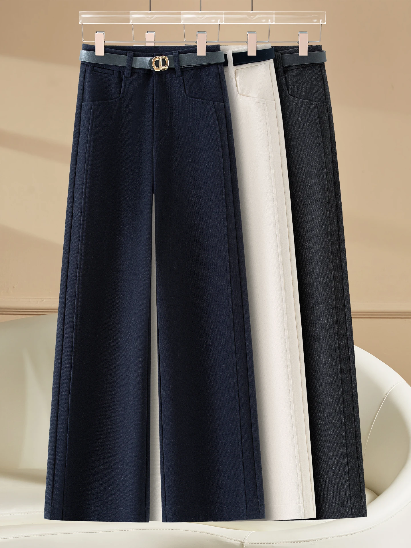 

High Waist Slim Fit Fleece Lined Wool Wide Leg Pants Casual Straight Cut Trousers for Women Autumn Winter New Arrival