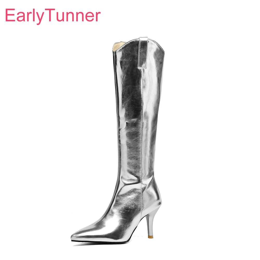 

2025 New Winter Elegant Gold Silver Women Knee High Riding Boots High Heels Office Lady Nude Shoes Plus Big Size 11 42 45 48