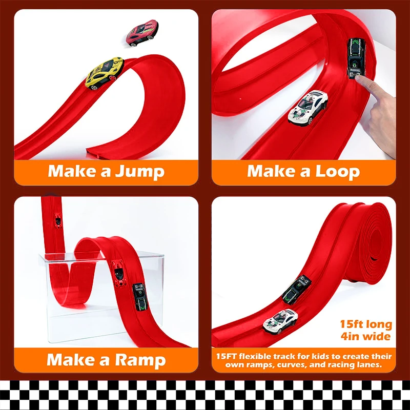 子供用フレキシブル13フィート＆16フィートレーシングトラックキット（吸盤式取り付け、小型レーシングカー4台付き）
