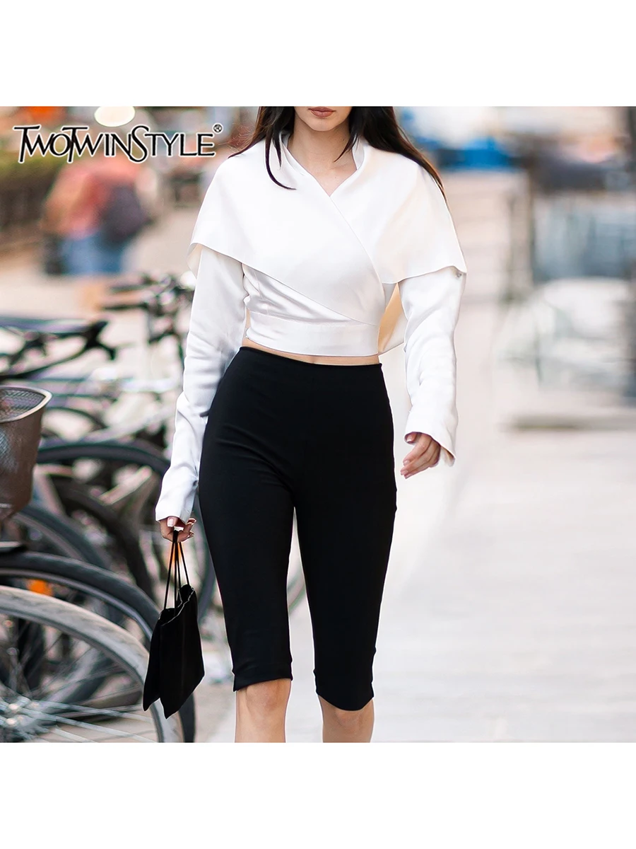 

TWOTWINSTYLE Solid Slimming Minimalist Blouses for Women V Neck Long Sleeves Tunic Temperament Short Blouse Femlae Fashion New