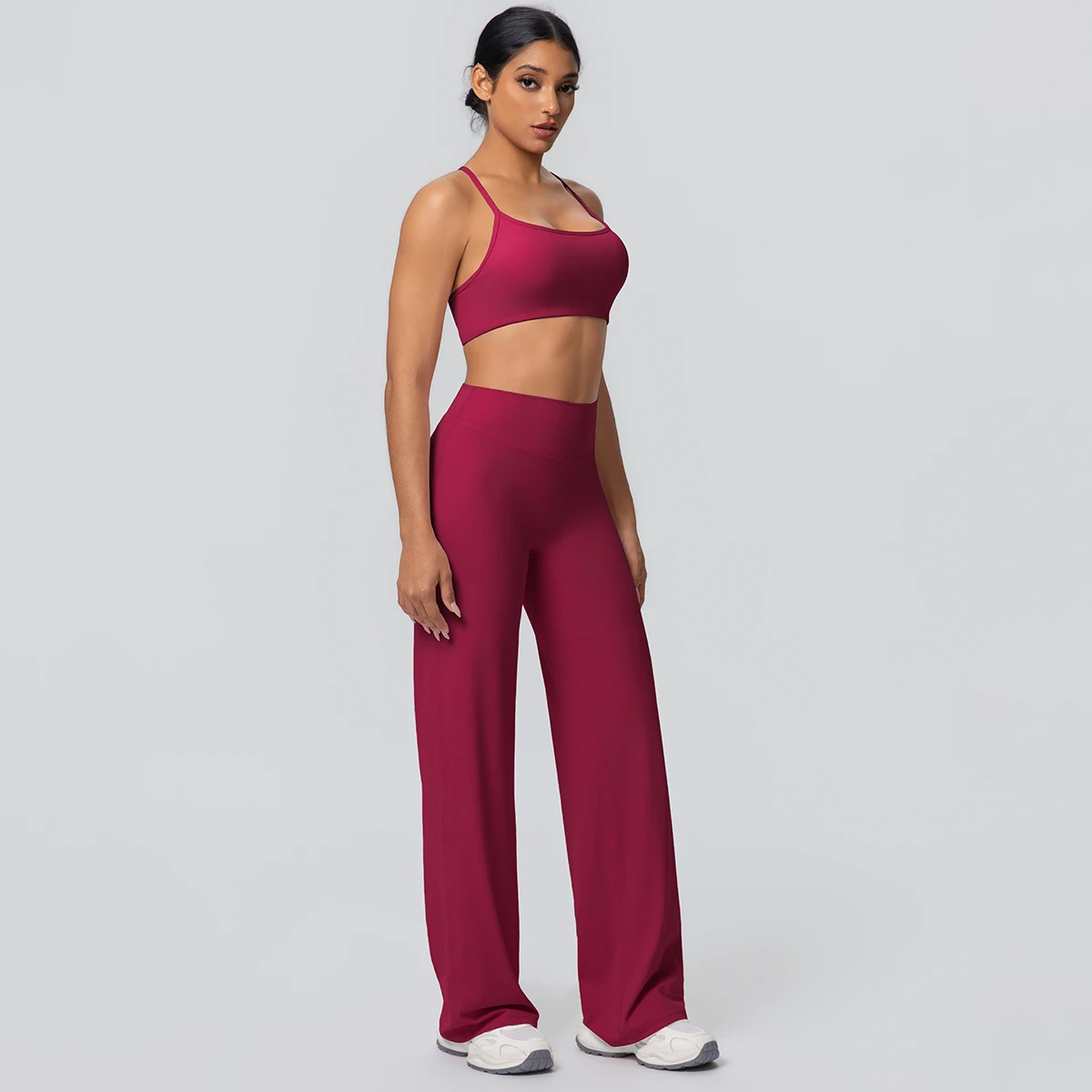 Frauen Gym Sport Yoga Anzug Sexy Schöne Zurück Yoga Unterwäsche Mit Brust Pad Einfarbig Hohe Taille Breite Bein Hosen Yoga Set – Detail 39