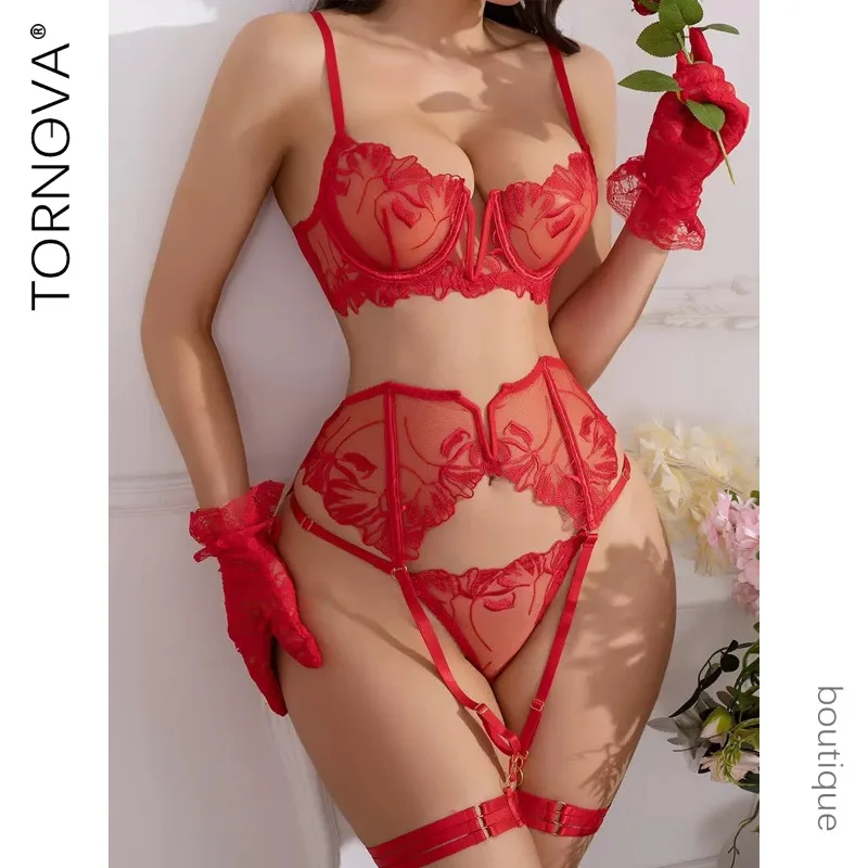 

Tornova Hot Erotic Lingerie with Gloves 5PCS Lace See-through Erotic Women Slim Plunge Seductive Charming Private Underwear Set