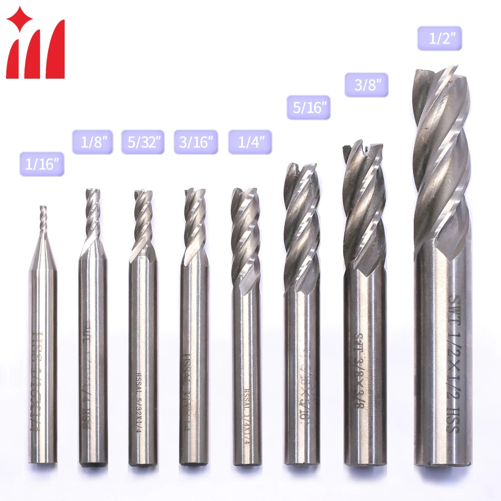 

ZR 8 PCS 1/8" 3/16" 1/4" 5/16" 3/8" 1/2" 5/32" 1/16" High Speed Steel HSS 4 Flute Straight End Mill Milling Cutter Tool Set