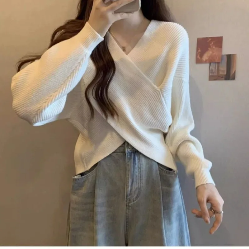 

2025 New Sweater Women Loose Oversized Long Sleeve Cross Neck Slim Fit Knit Top Casual Fall Winter Fashion
