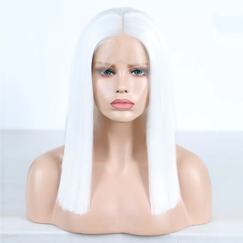 Pure White Short Straight Hair Wig Synthetic 13x4 Lace Front Wigs High Quality Heat Resistant Fiber Hair Middle Part For Women