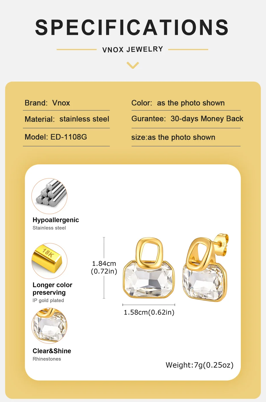 Vnox Minimalistische Elegante Zirkon-Ohrringe für Frauen, Edelstahl Vergoldete Quadratische Zirkon-Ohrstecker, Party- und Alltagsschmuck – Detail 4