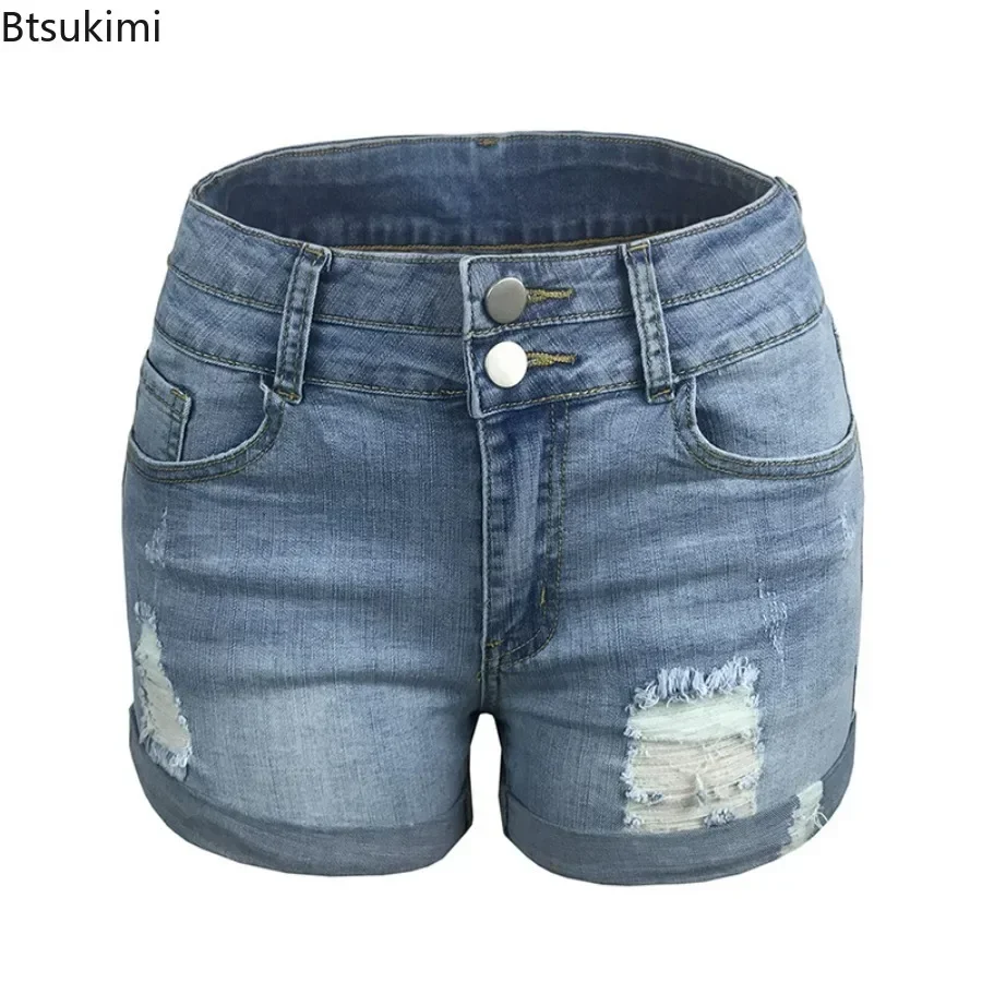 Shorts jeans de cintura alta feminino, jeans de botão reto, calça curta feminina, moda casual, verão, 2024