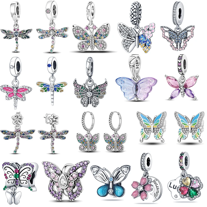 

Spring New Fit Original Pandora Bracelet Butterfly Dragonfly Sparkling Charm Dangle Earrings 925 Sterling Silver Diy Jewelry