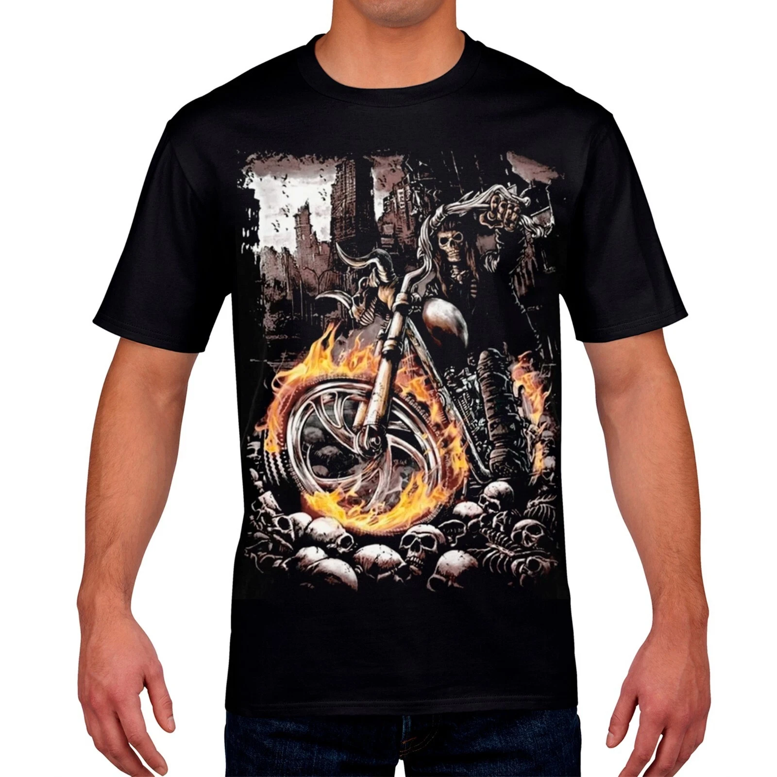 

Motorcycle Style T-shirt. Skull Riding A Burning Motorcycle. Outdoor Sports and Travel Daily T-shirt.