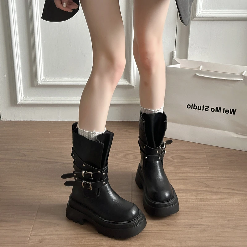 Lined Warm Women Platform Mid Calf Boots Multi Buckle Strap Faux Leather Shoes Casual Autumn Thick Sole Motorcycle Boots