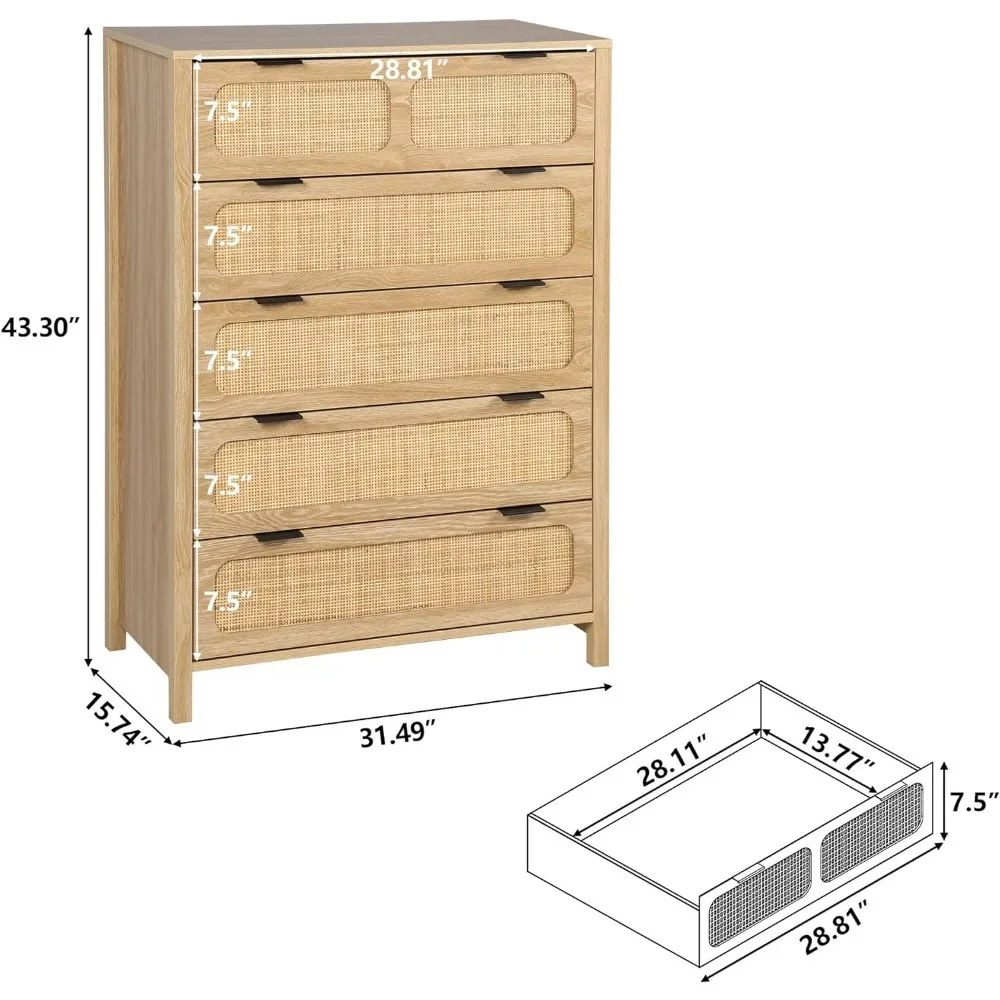 5 Drawer Dresser with Rattan Finish, Modern Farmhouse Chest of Drawers with Metal Handles, Accent Wood Storage (Natural)