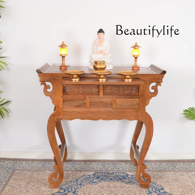 Chinese Solid Wood Altar Buddha Shrine Buddhist Hall Altar Household Economical Buddha Statue Table Incense Burner Table