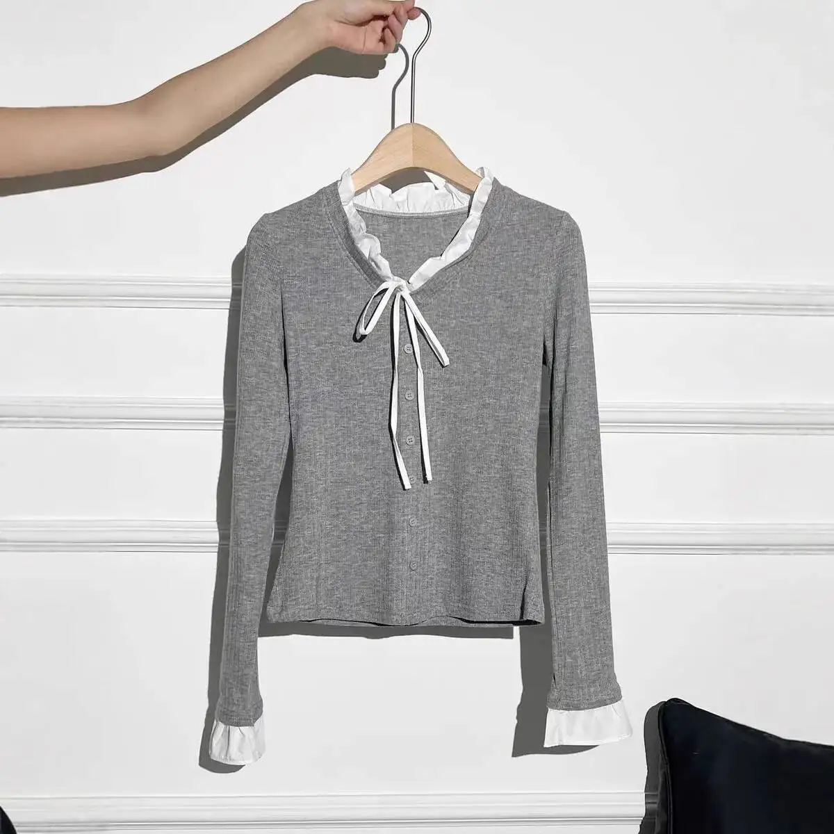 

Women's Base Layer Sweater Autumn Winter Stylish Knitting T Shirt Ruffled Button Bow Tie Design Regular Shoulder Long Sleeve Top