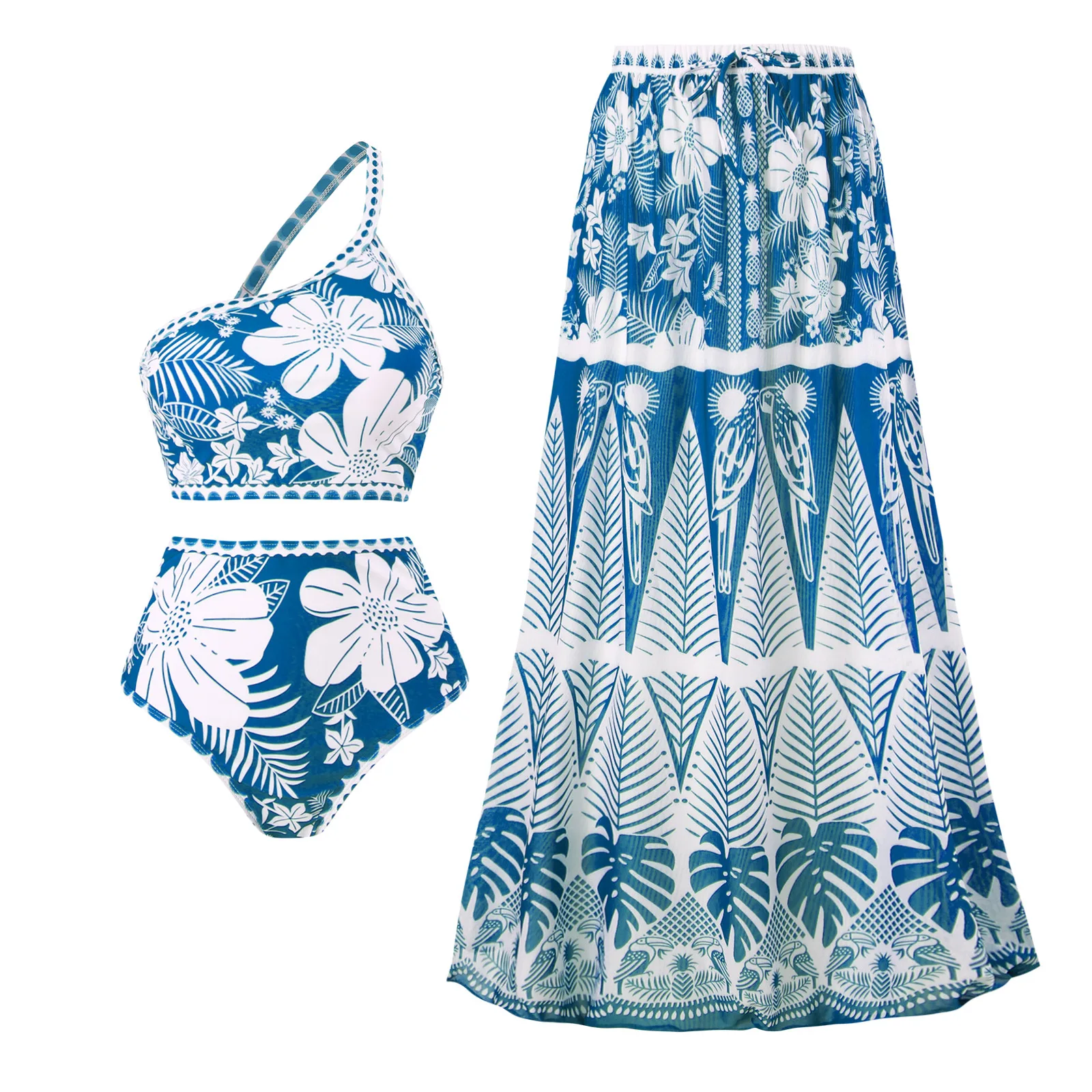 swimsuit  French retro split three-piece bikini swimsuit women European and American sexy one-shoulder mesh skirt swimsuit set