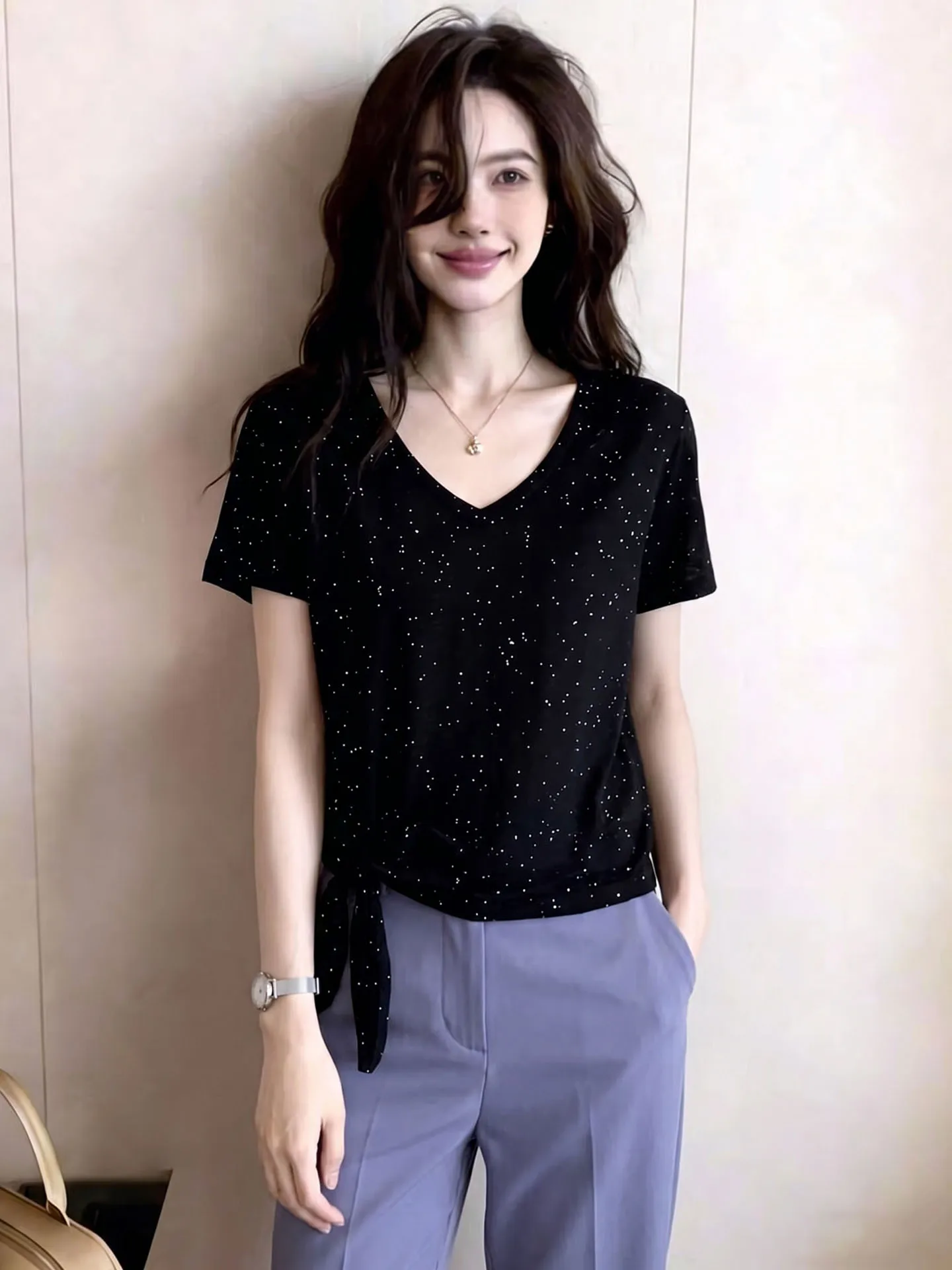 

Summer Casual Loose Short Sleeve Knitted Top Sparkling Design Trendy Korean Style Belted Versatile Women's Fashion Inner Wear