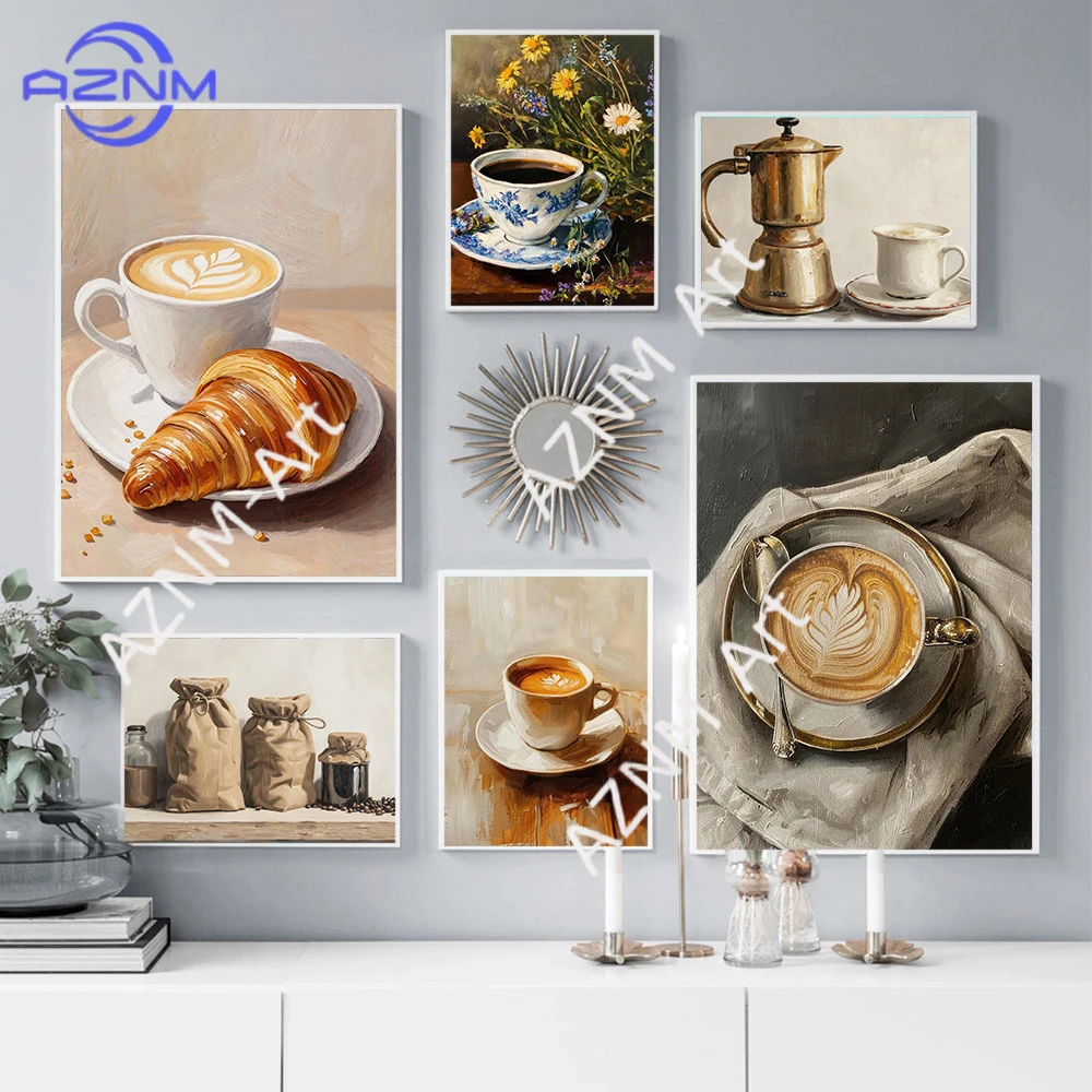 Rich Aroma Concentrated Handmade Coffee And Coffee Pot Oil Painting Art Poster Canvas Printing Coffee Shop Kitchen Wall Decor